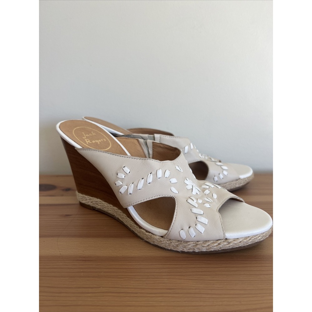 Jack Rogers Leather Slide Wedge Heel Sandals Shoes Women's 7.5 Tan White Cute